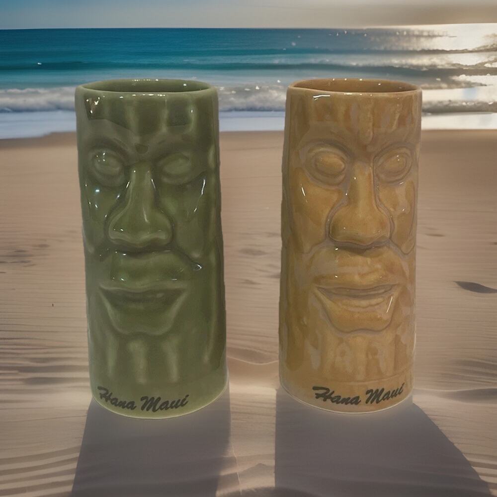 Tiki Shot Glasses Hana Maui Hawaii Set of 2 Ceramic Hawaiian Aloha Barware 3.5”